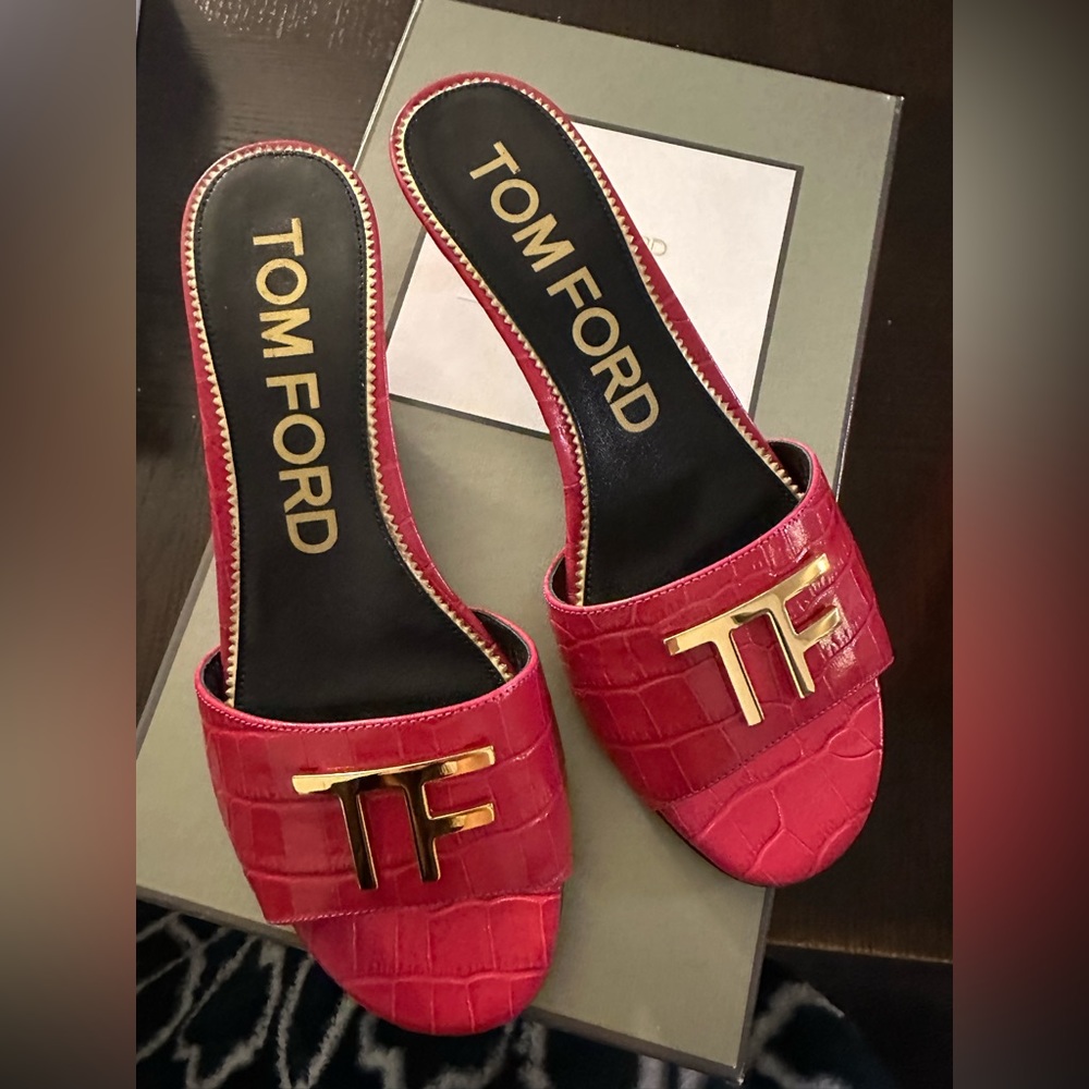 Tom ford logo croc embossed leather mules - rose red - 38 - Picture 5 of 7